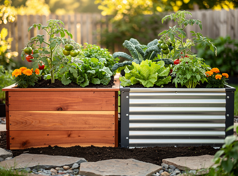 Cedar wood raised bed and corrugated metal raised bed side by side in a garden