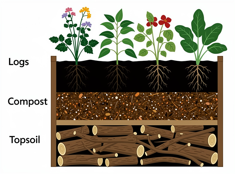 Raised bed cross-section showing layers from logs to topsoil