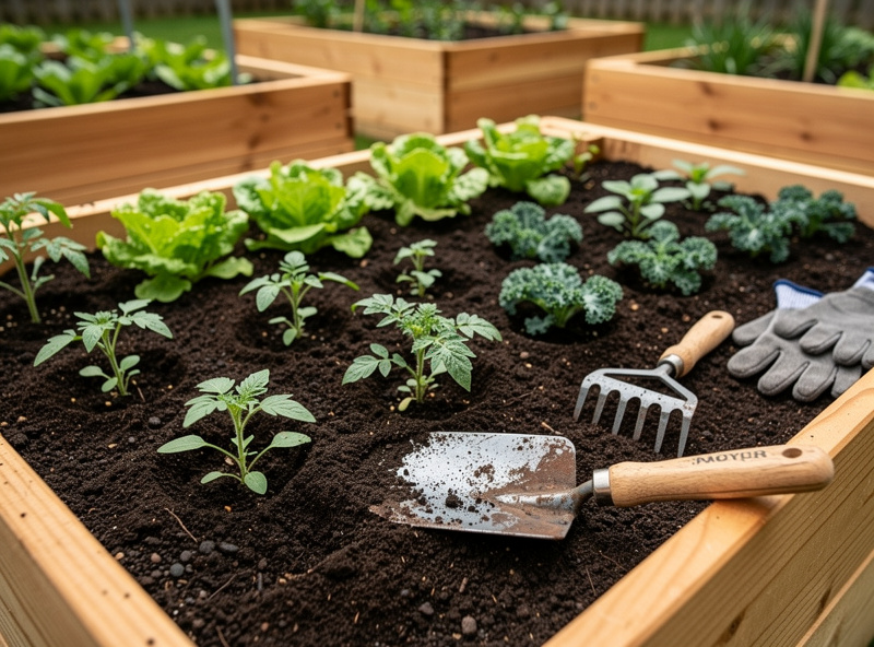 Raised bed prepared for planting with loose dark soil