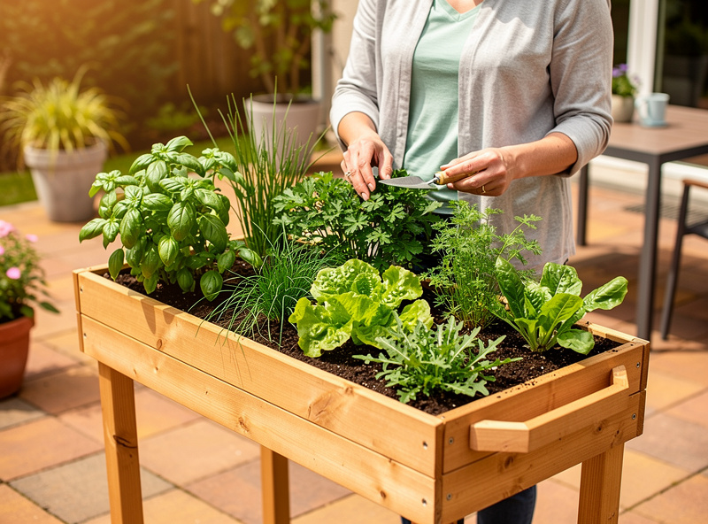 Elevated wooden planter box on legs at waist height filled with herbs and salad greens