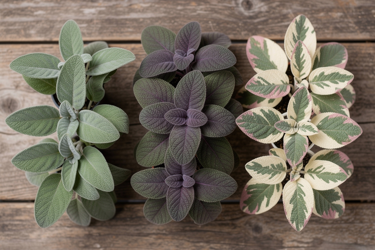 Comparison of three common sage cultivars showing green common sage, purple Purpurea sage, and variegated Tricolor sage leaves side by side
