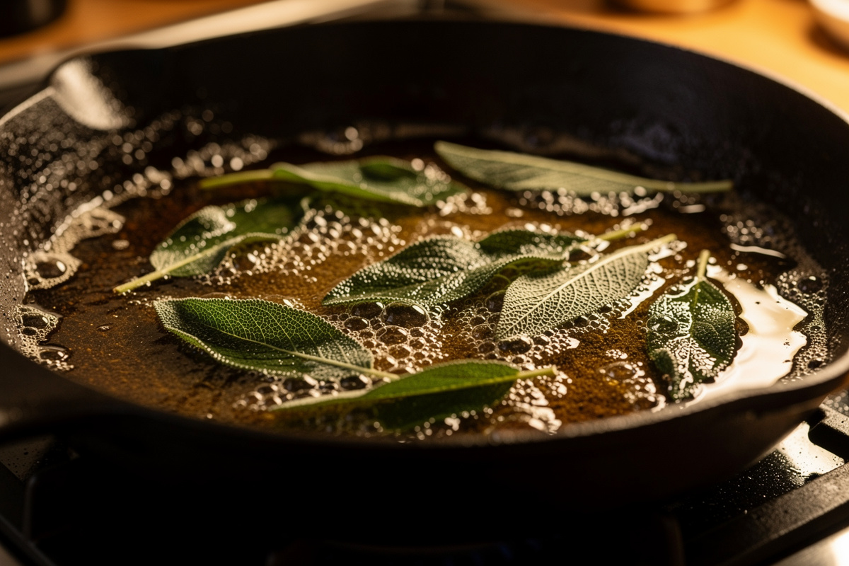 Fresh sage leaves being fried in browned butter for traditional Italian brown butter sage sauce in a cast iron pan