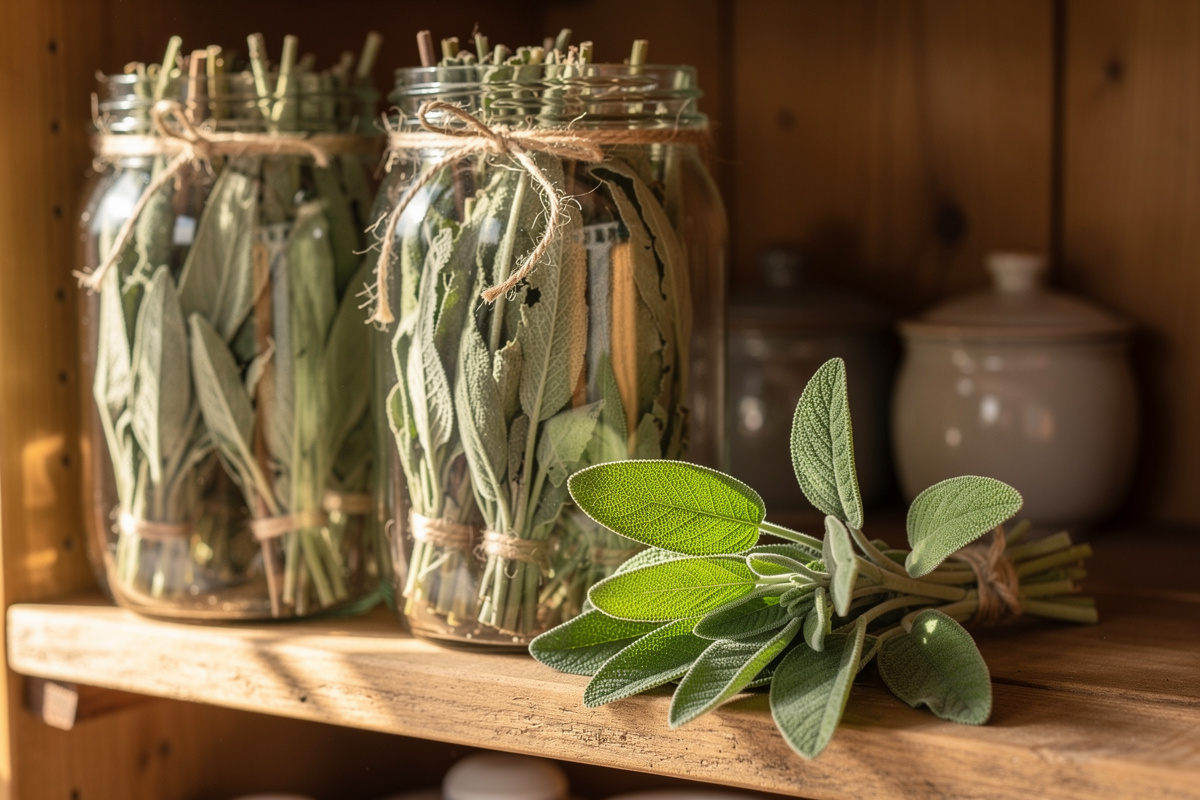 Bundles of dried common sage leaves stored in glass jars on a wooden kitchen shelf next to fresh sage stems
