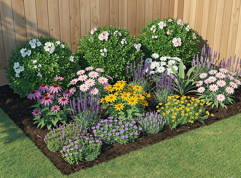 Layered border planting with compact shrubs perennial flowers and groundcover