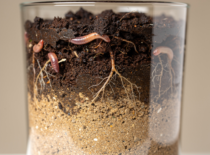 Soil layers in glass container showing sandy loam base and dark topsoil with earthworms