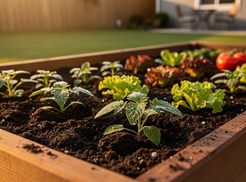 Raised garden bed filled with dark rich soil and seedlings