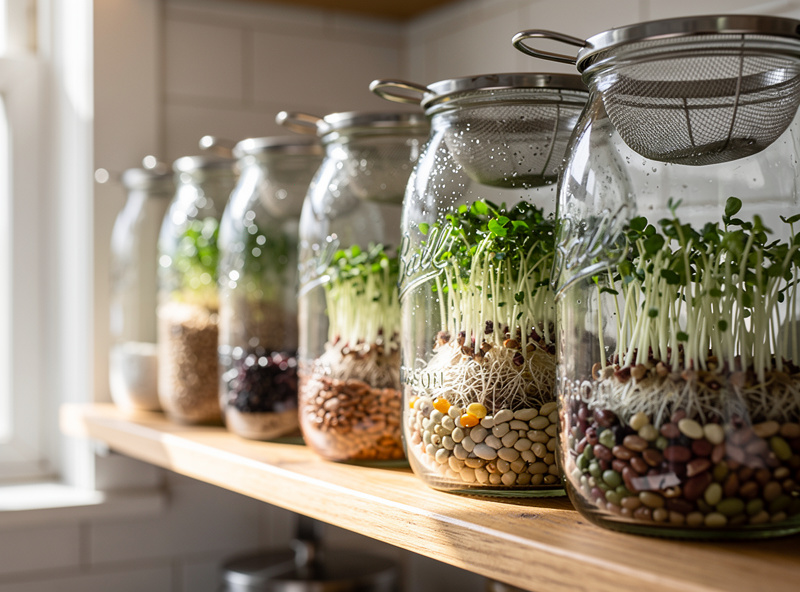 Mason jars with sprouting seeds on kitchen shelf