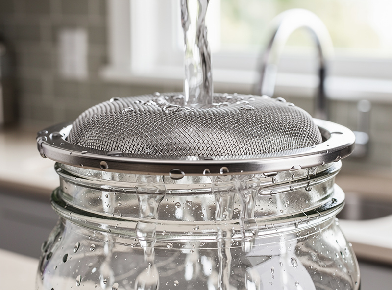 Close-up of mesh sprouting lid with water draining