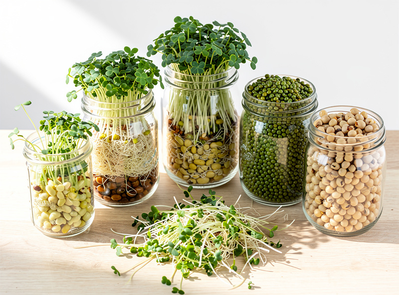 Variety of sprouted beans in glass mason jars