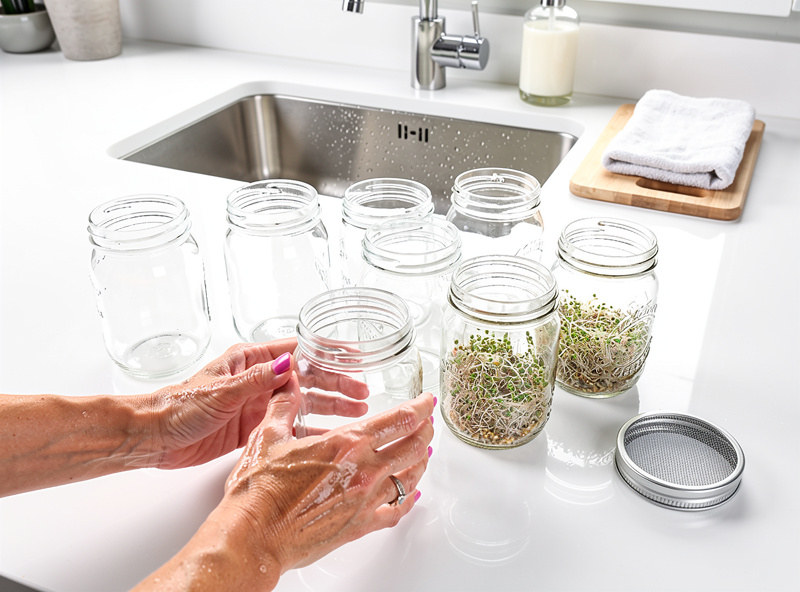 Clean hands and sanitized jars for safe sprouting