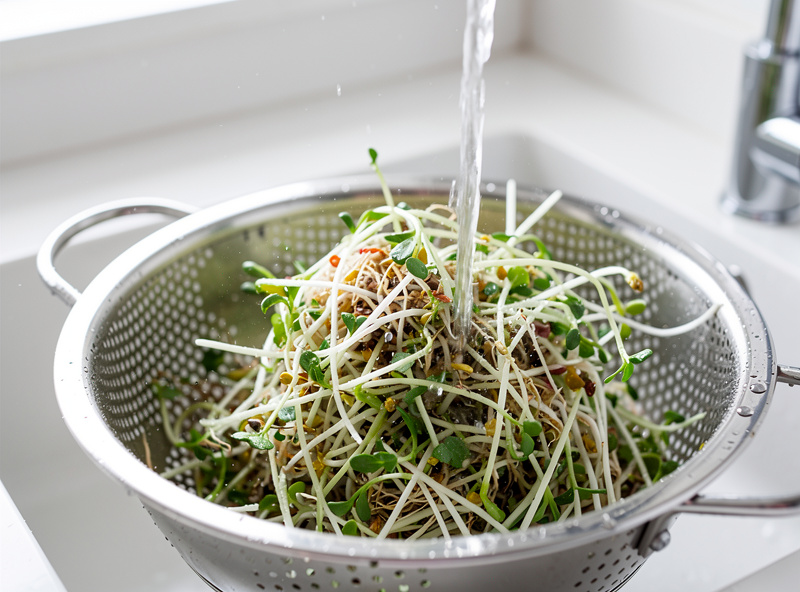 Washing fresh sprouts under clean water