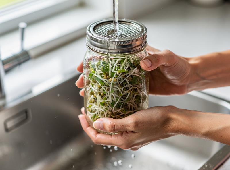Rinsing mung bean sprouts in a mason jar with mesh lid under running water