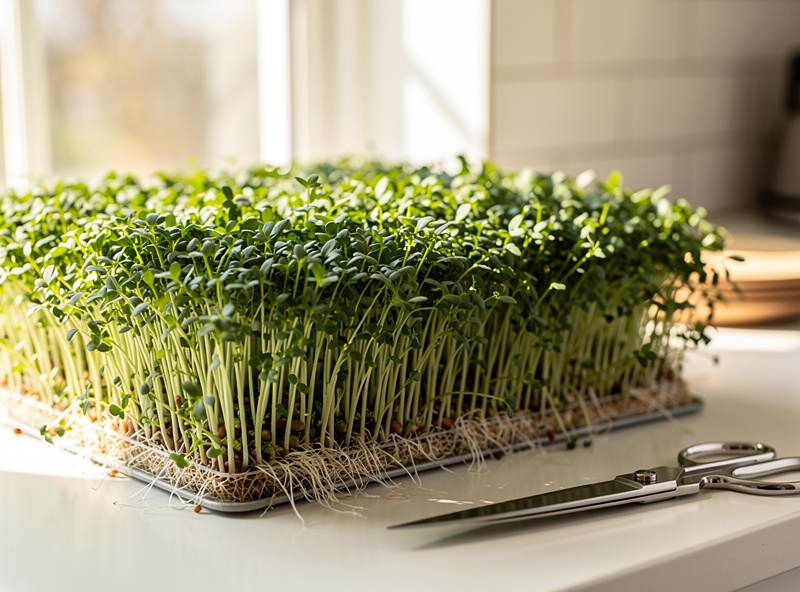 Fresh sprouting tray with green sprouts ready for harvest on a kitchen windowsill