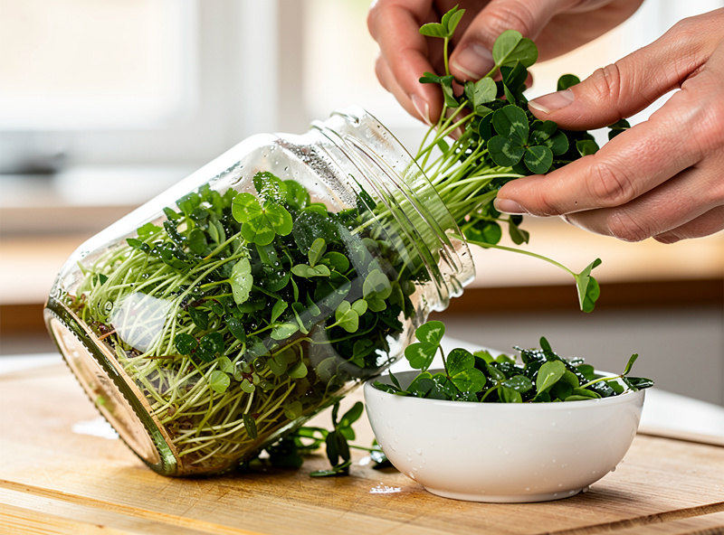 Freshly harvested sprouts in a mason jar