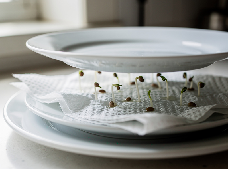 Seeds sprouting on damp paper towel without soil