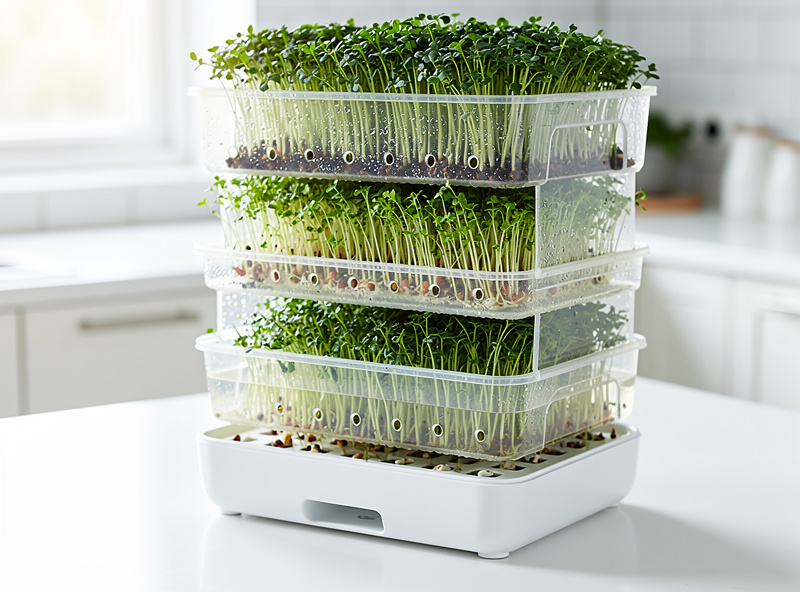 Stackable sprouting trays for indoor soil-free growing