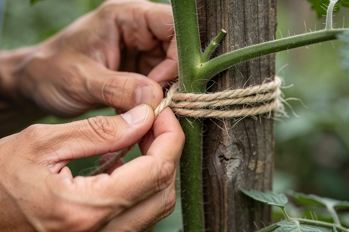 Close-up of hands tying a tomato stem to a wooden stake using soft natural jute twine in a figure eight pattern