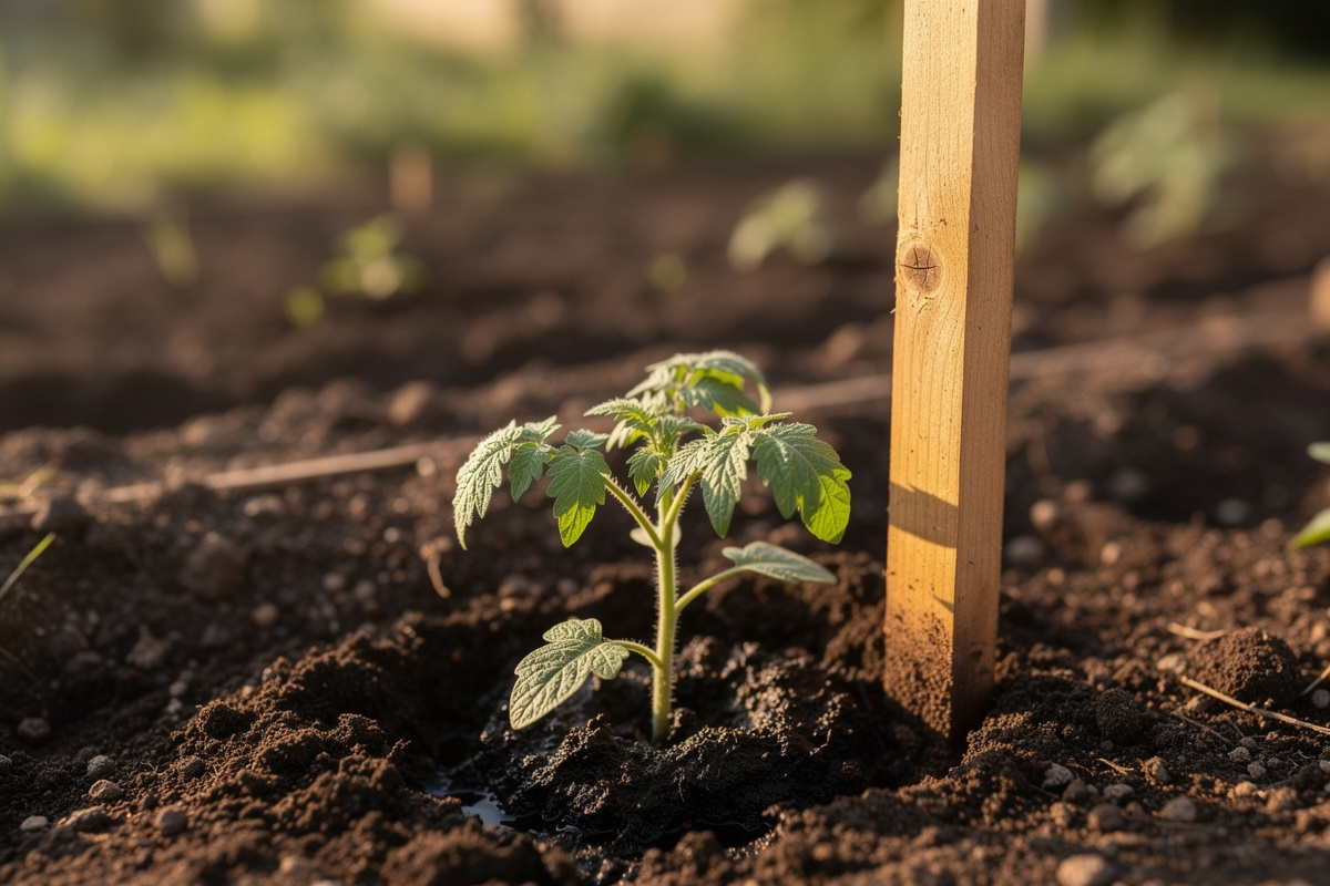 Newly transplanted small tomato seedling next to a freshly driven 7-foot wooden stake in garden bed at planting time