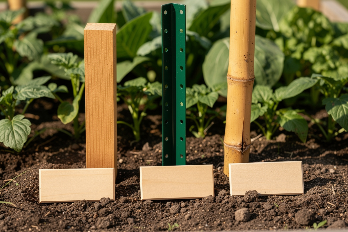 Three different tomato stake materials standing in a garden bed: a wooden 2x2 stake, a green metal T-post, and a bamboo pole