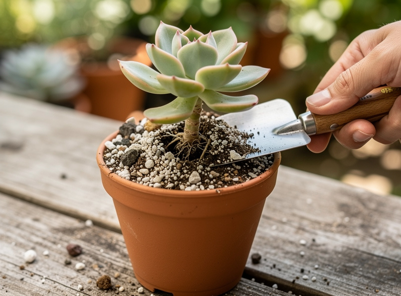 Repotting echeveria with fast-draining succulent soil