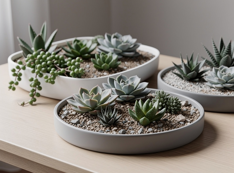 Succulent arrangement in shallow dish gardens with gritty soil