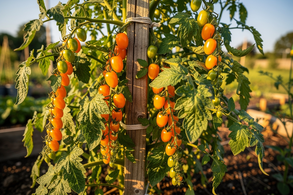 Tall indeterminate Sun Gold cherry tomato vine on a wooden stake covered in trusses of orange and green ripening cherry tomatoes
