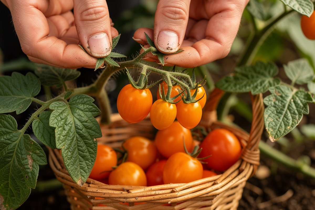 Hands harvesting bright orange Sun Gold cherry tomatoes one by one from a vine into a small wicker basket