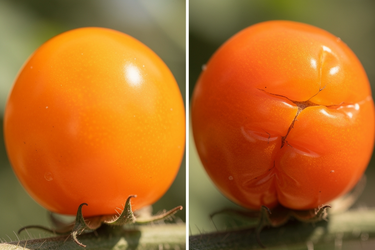 Comparison of two Sun Gold cherry tomatoes side by side, one perfectly ripe and one over-ripened showing splits and cracks