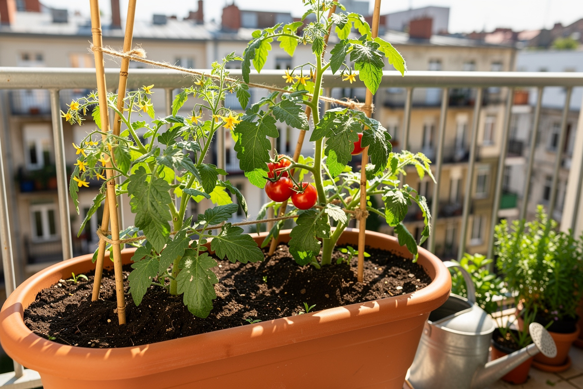 Healthy tomato plant in container with quality potting soil