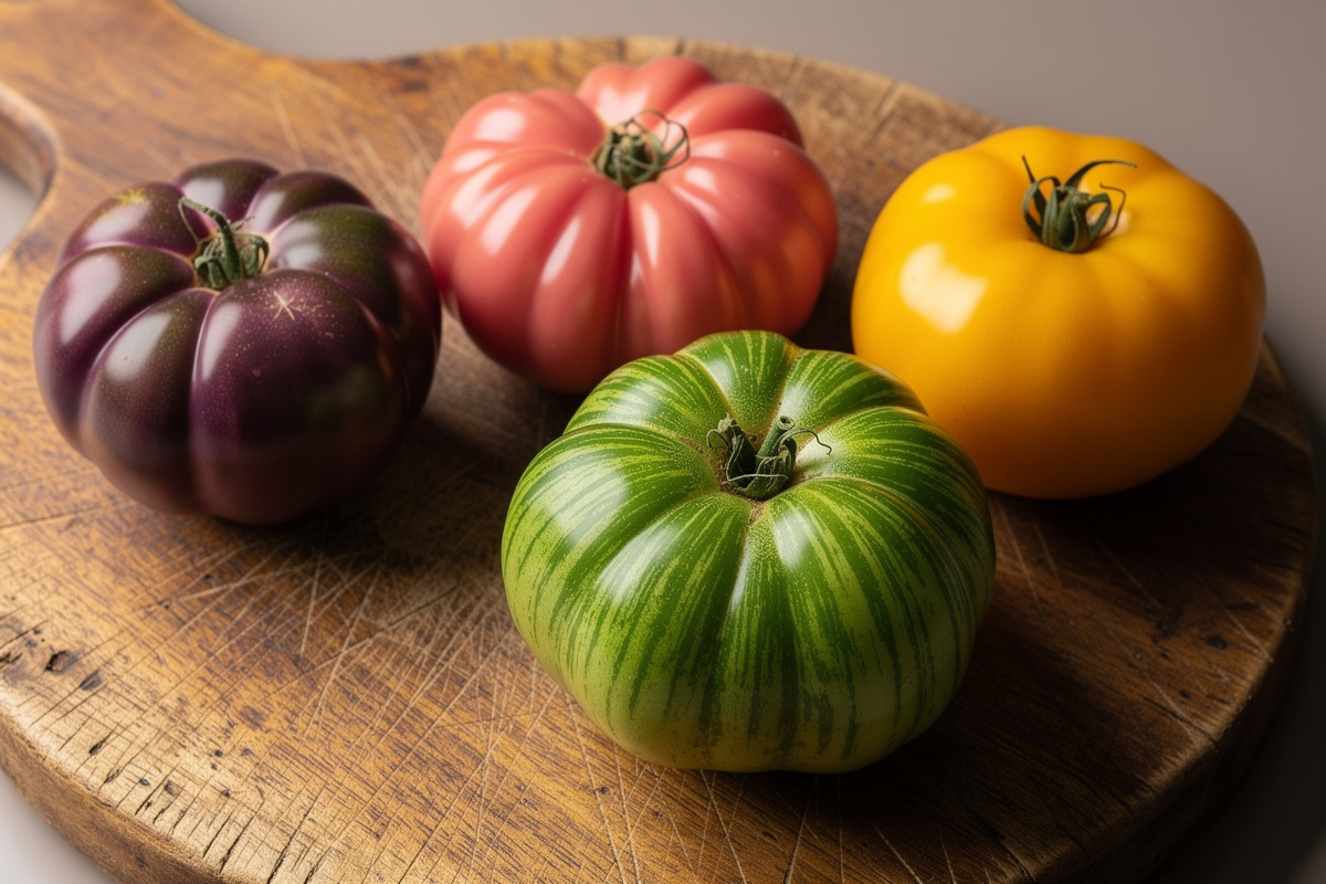 Five different colored heirloom tomatoes arranged on a rustic wooden cutting board including Cherokee Purple Brandywine Black Krim and Green Zebra varieties