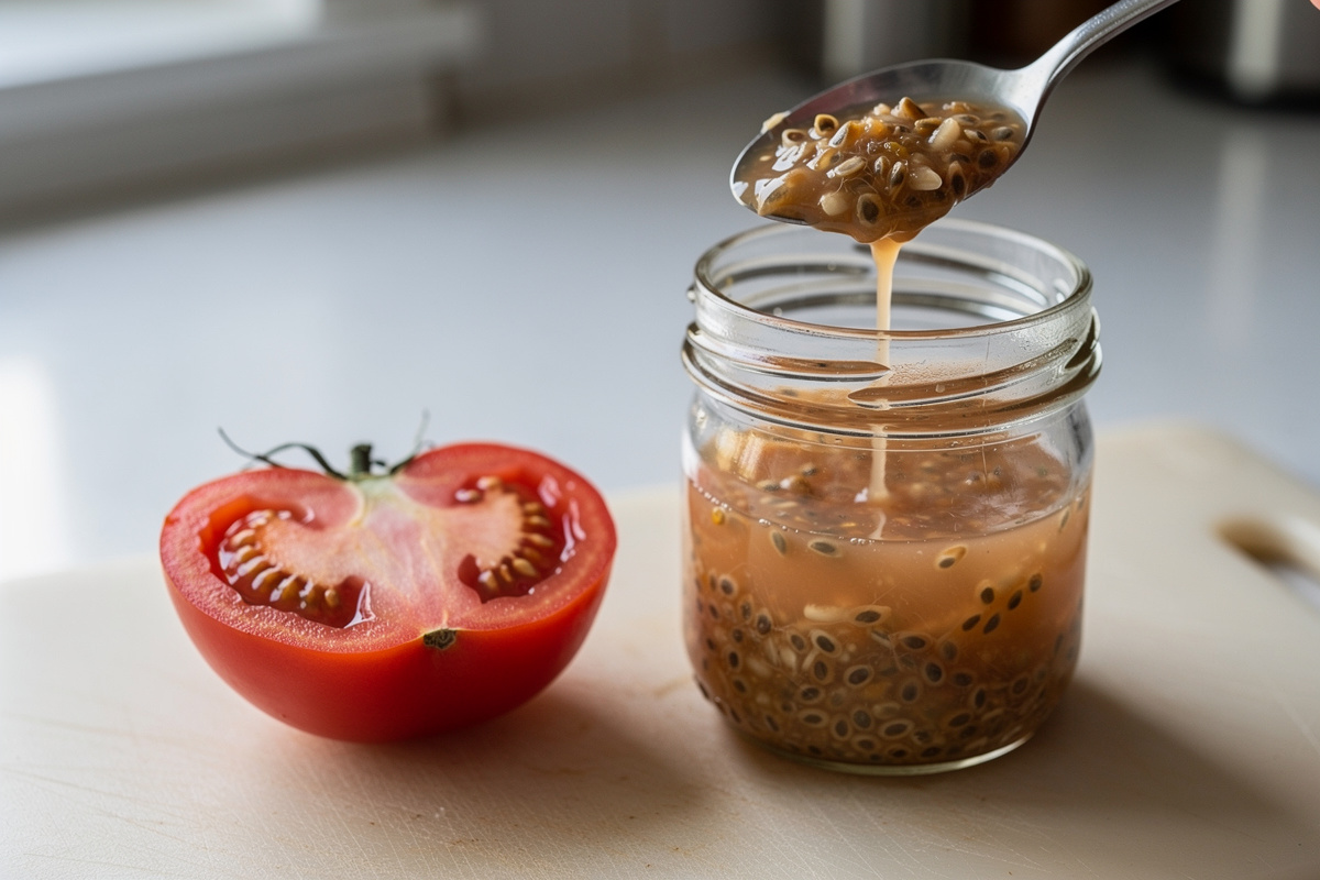 Tomato seed saving process showing tomato cut in half with seeds being scooped out into a small glass jar with water for fermentation