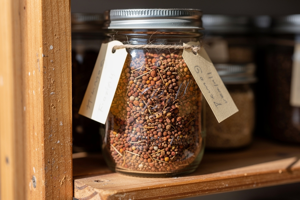 Glass jar with neatly stored dried tomato seeds sealed with a metal lid and labeled tag on a wooden shelf with other seed jars