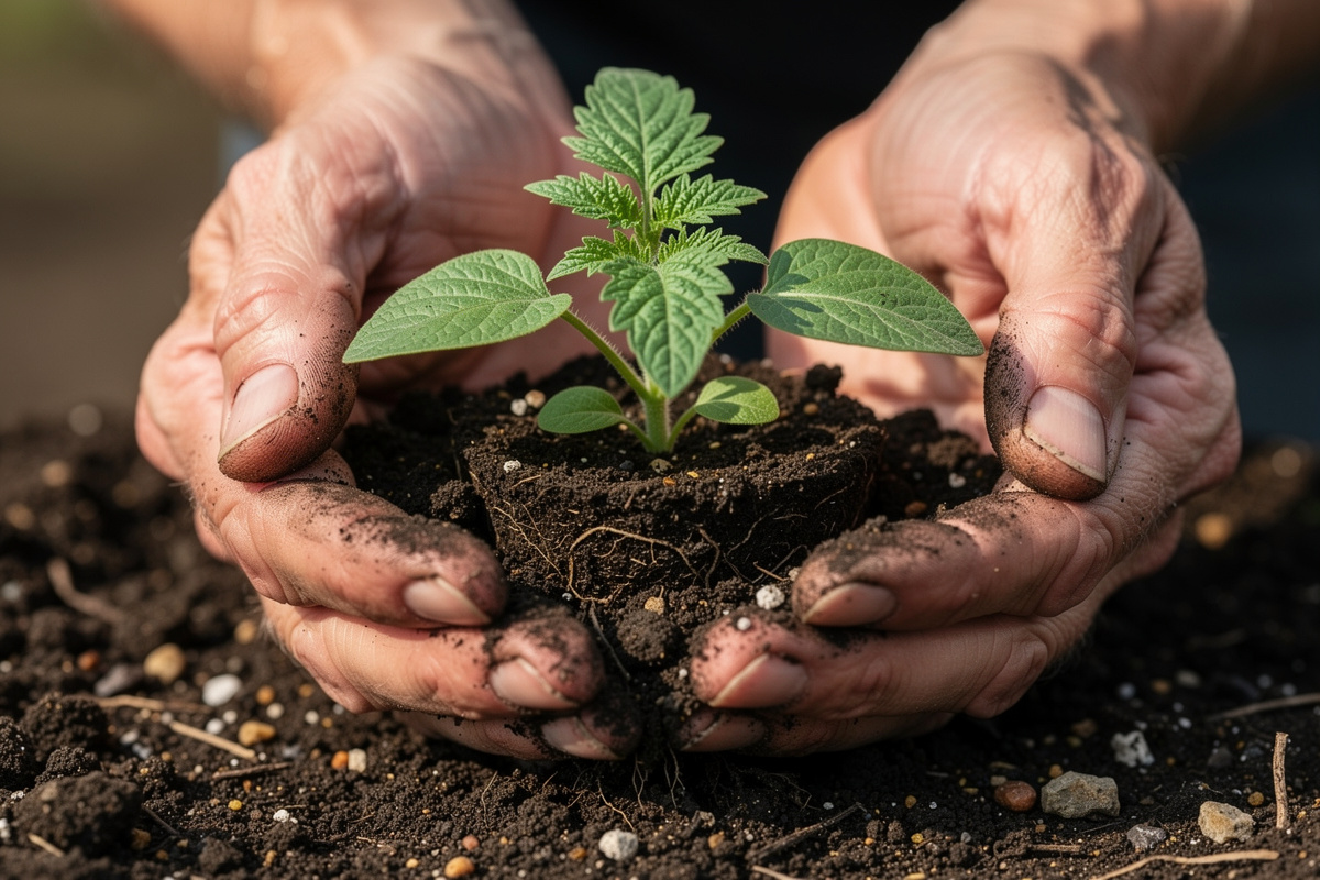 Gardener hands holding a healthy young tomato seedling with first true leaves above dark crumbly garden soil