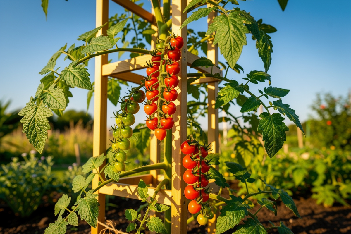 Tall indeterminate tomato vine climbing a wooden trellis with clusters of ripening red cherry tomatoes