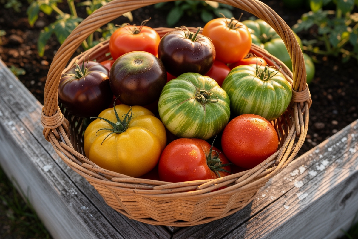Wicker harvest basket filled with assorted heirloom tomatoes including Cherokee Purple, yellow Brandywine, green zebra, and red varieties on a wooden raised bed edge