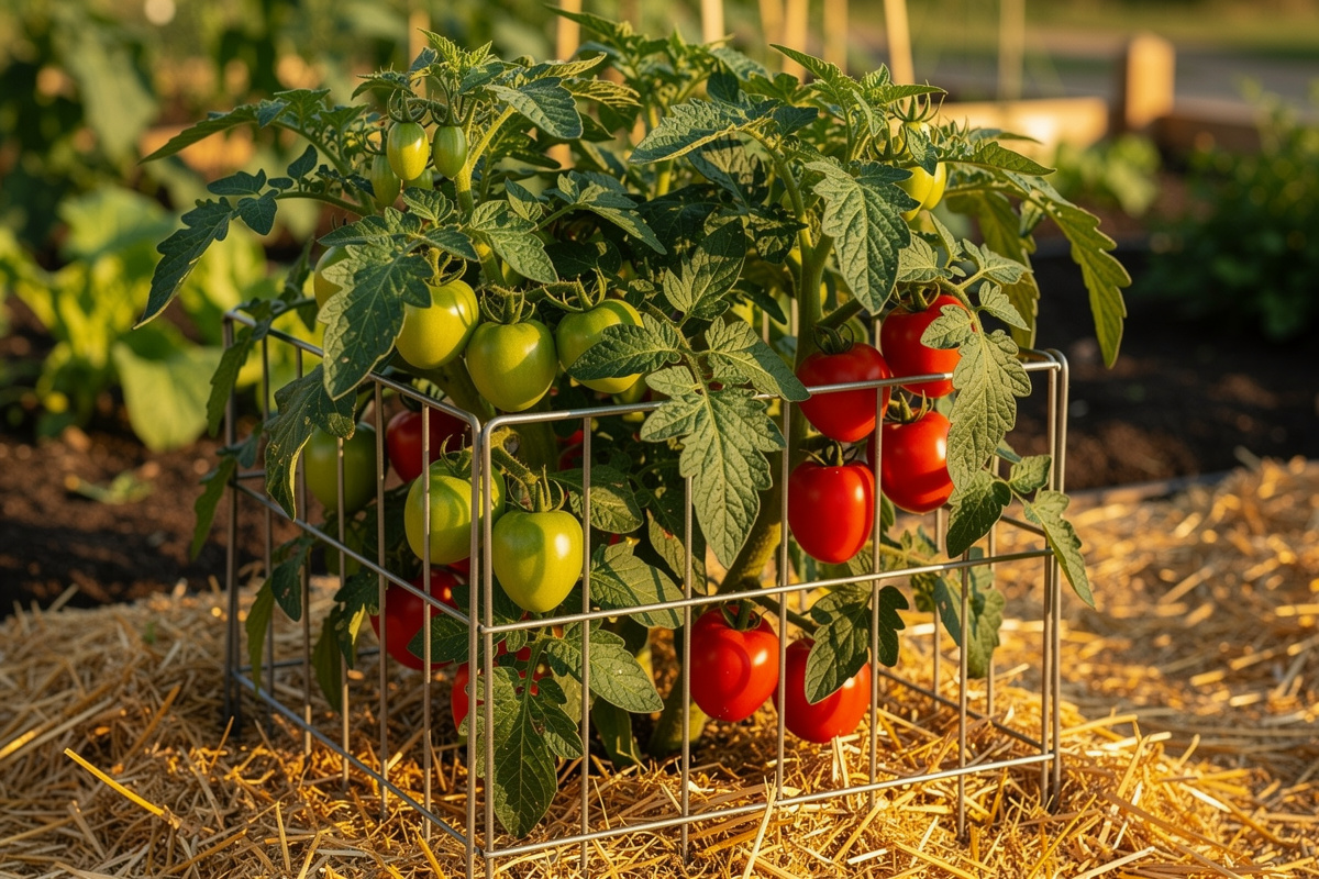 Compact determinate Roma tomato bush in a square wire cage covered in green and red plum tomatoes
