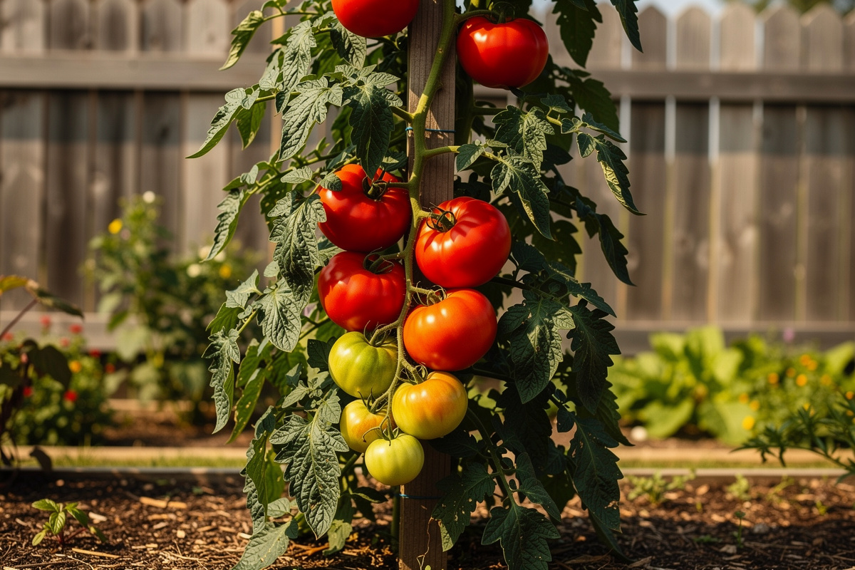 Tall indeterminate beefsteak tomato vine trained on a single wooden stake with multiple trusses of red and green slicing tomatoes