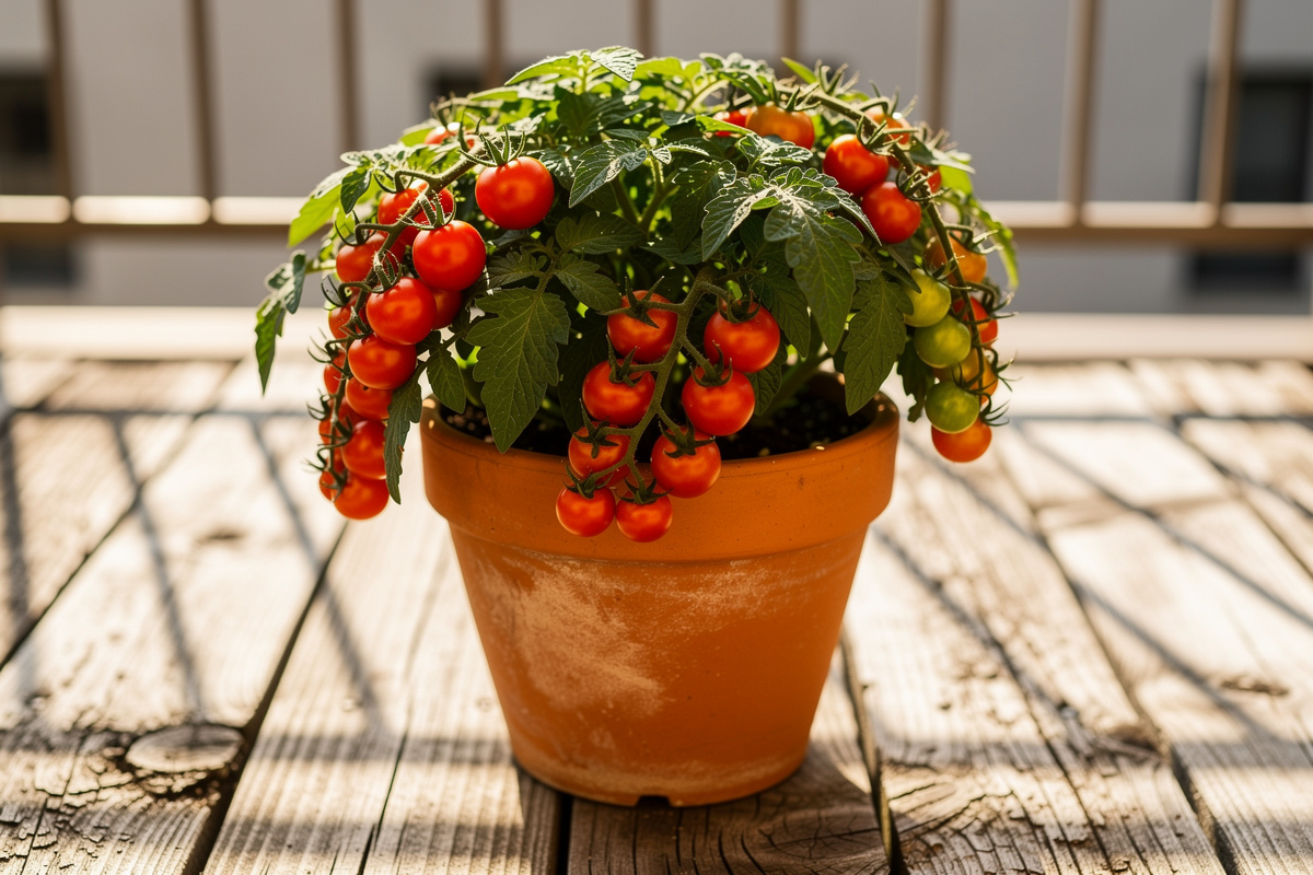 Small dwarf patio tomato plant in a 5 gallon terracotta container on a sunny balcony covered in cherry red tomatoes