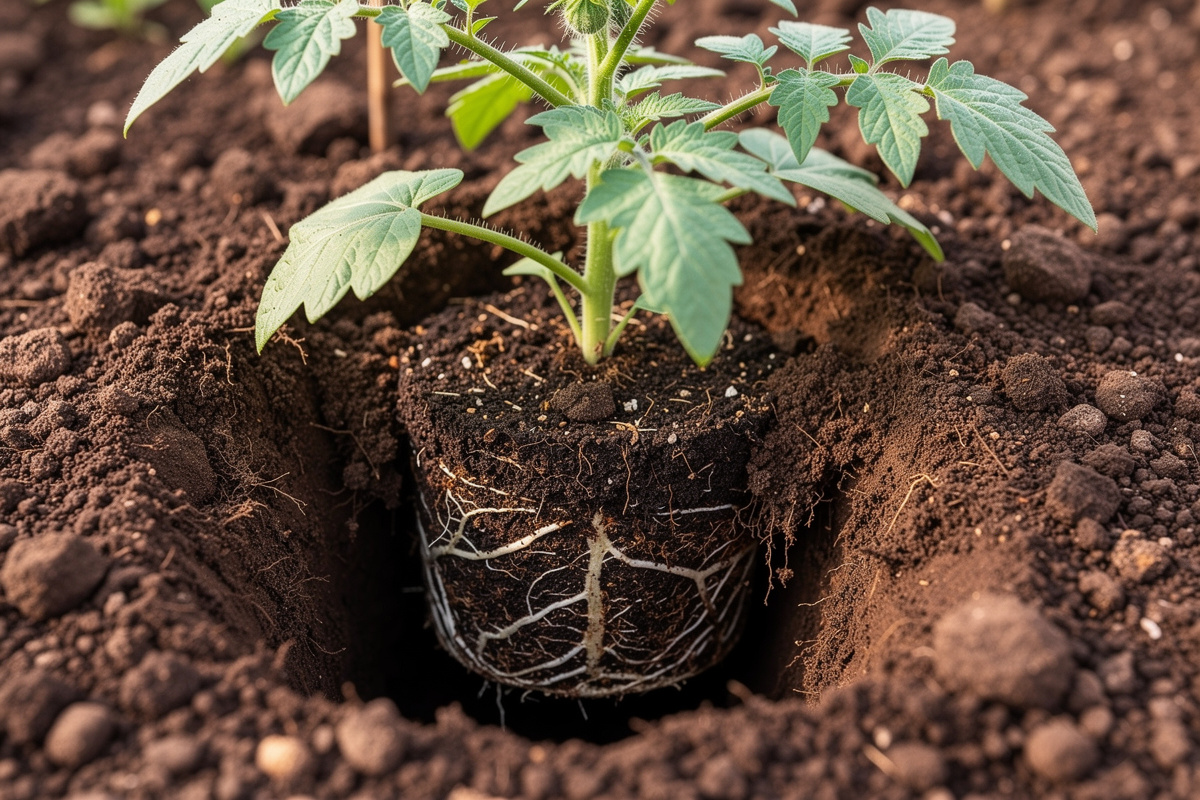 Close-up of a deep planting hole in garden soil with a healthy tomato seedling being placed deep enough that only the top foliage will remain above ground