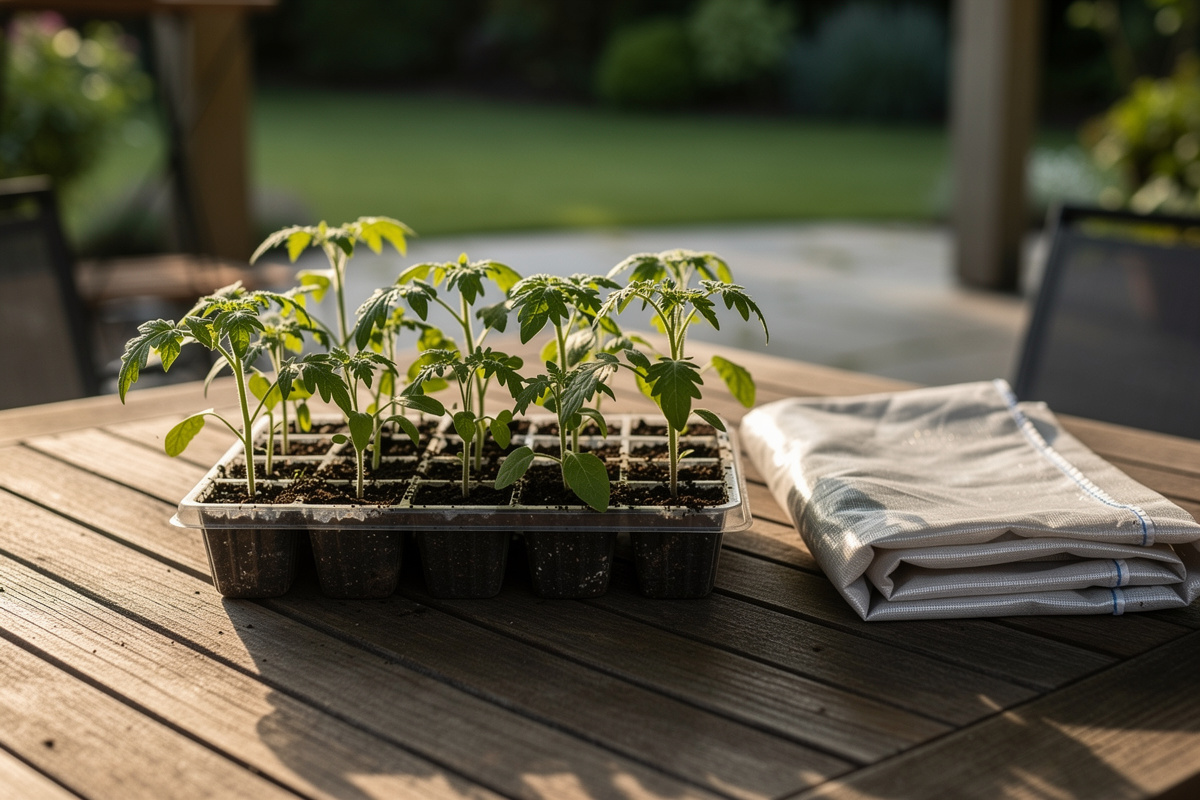 Outdoor wooden table on a patio with a tray of tomato seedlings being moved outside for the hardening off process