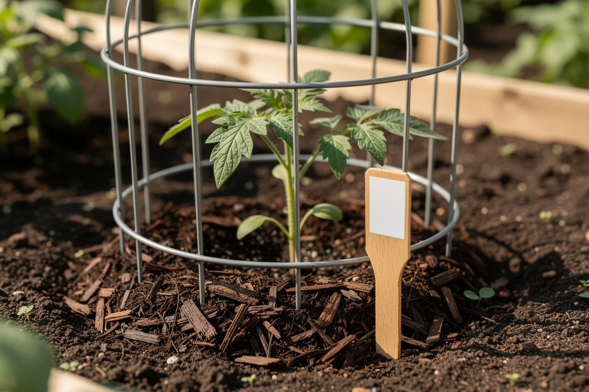 Recently transplanted tomato seedling in a garden bed with a small tomato cage installed and mulch spread around the base