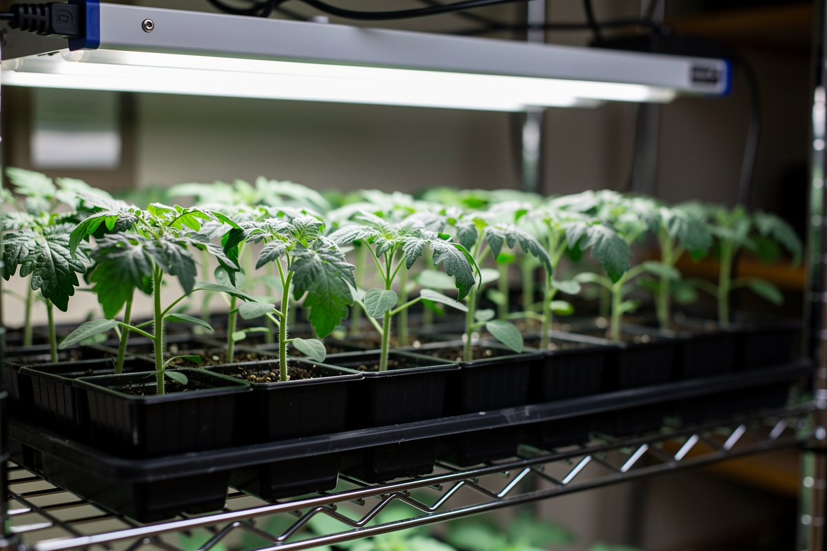 Tomato seedlings growing under LED grow lights on an indoor shelf showing healthy true leaf development