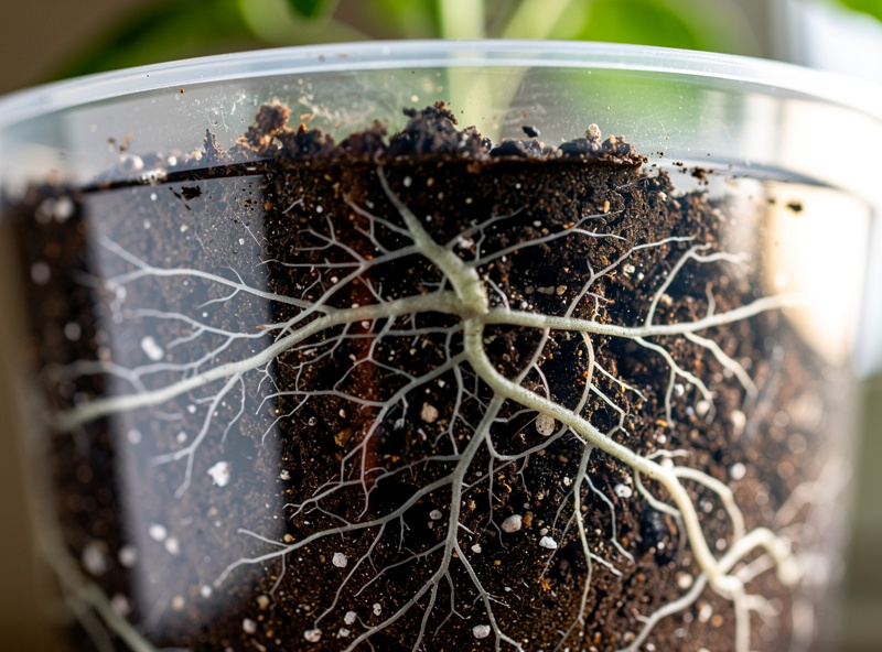 Tomato roots in clear pot showing healthy white root structure