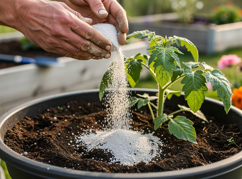 Gardener adding calcium amendment to tomato soil