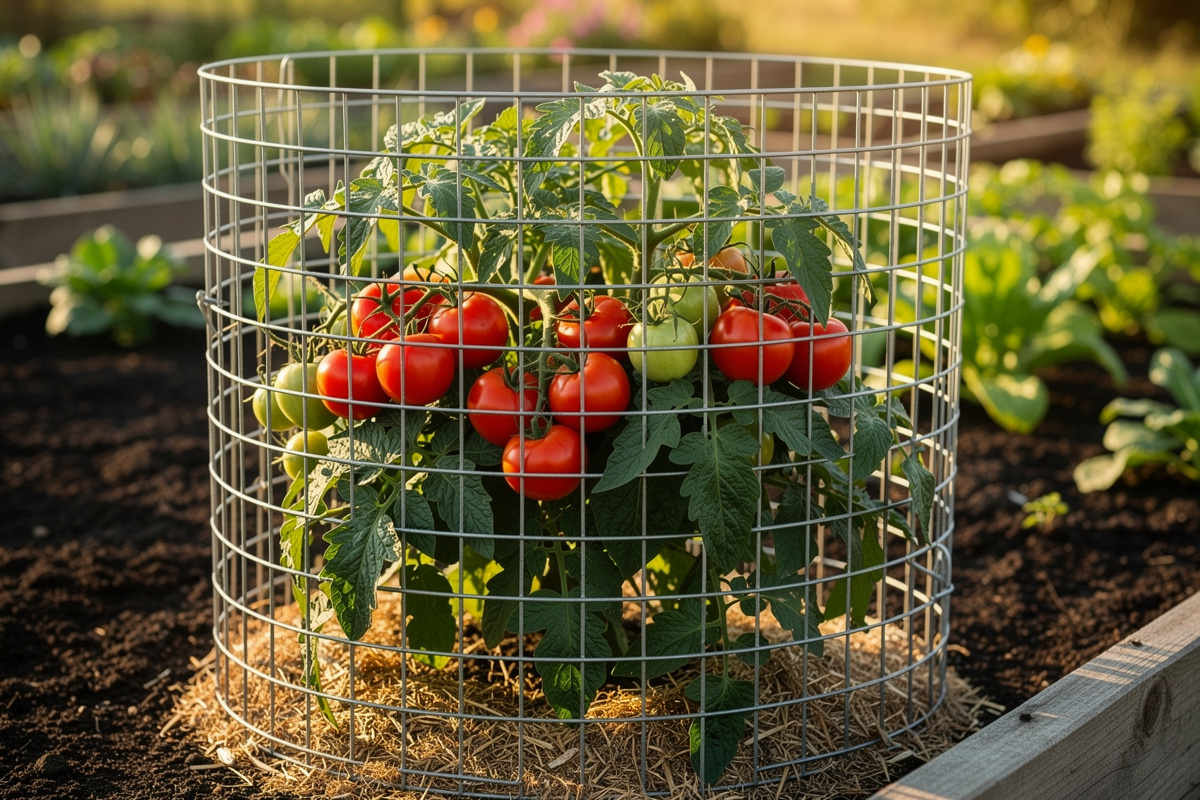 Sturdy 5-foot concrete reinforcing wire mesh tomato cage in a sunny garden bed surrounding a heavily fruited determinate tomato plant