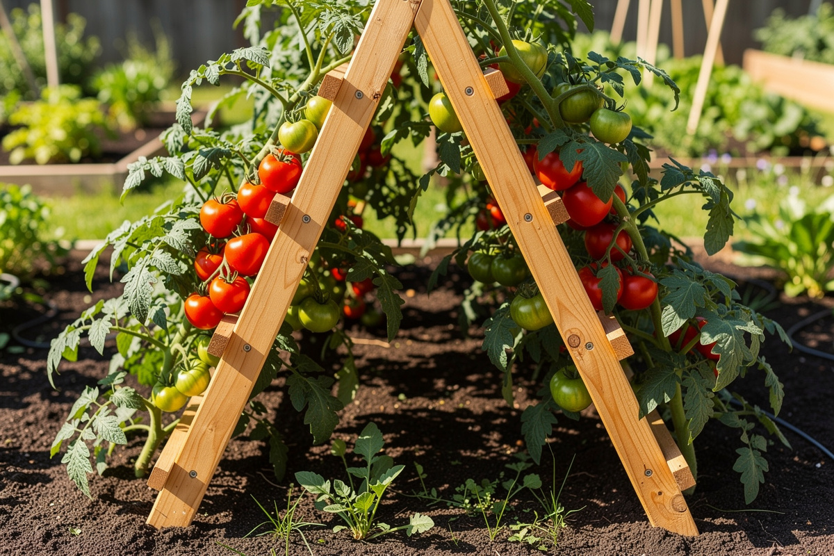 A-frame wooden tomato trellis structure with multiple tomato plants growing up both sides covered in green and red tomatoes