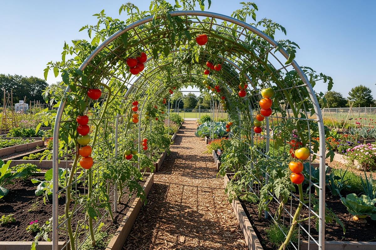 Cattle panel trellis arch over a garden path with multiple indeterminate tomato vines climbing the curved galvanized steel mesh
