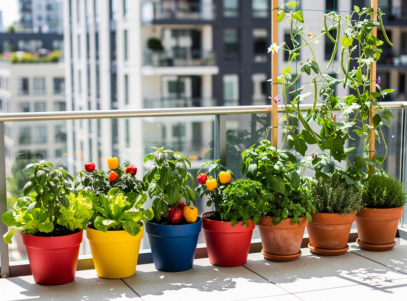 Colorful containers on a city balcony with lettuce, peppers, and herbs growing, vertical trellis with climbing beans