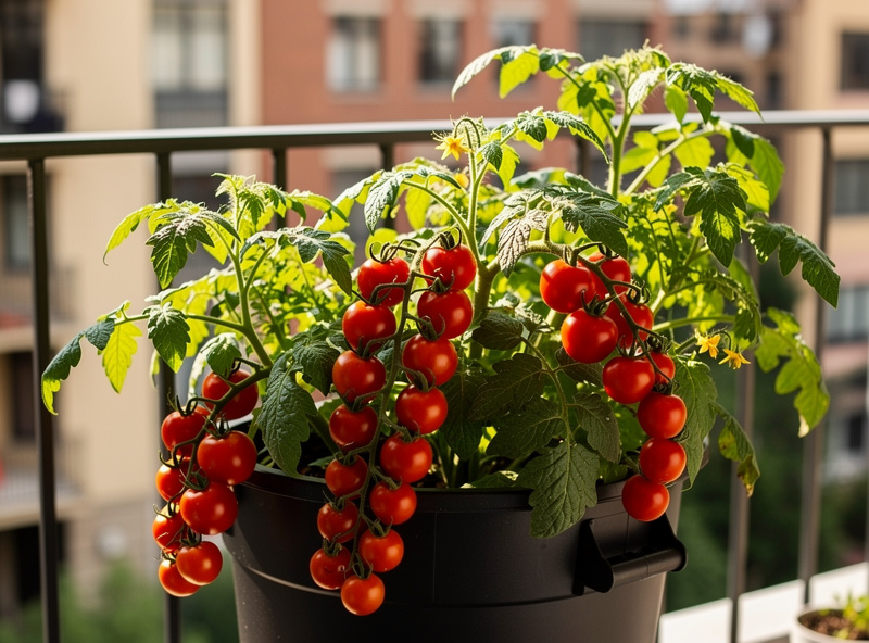 Cherry tomato plant overflowing with ripe red tomatoes growing in a 5-gallon container on a sunny city balcony