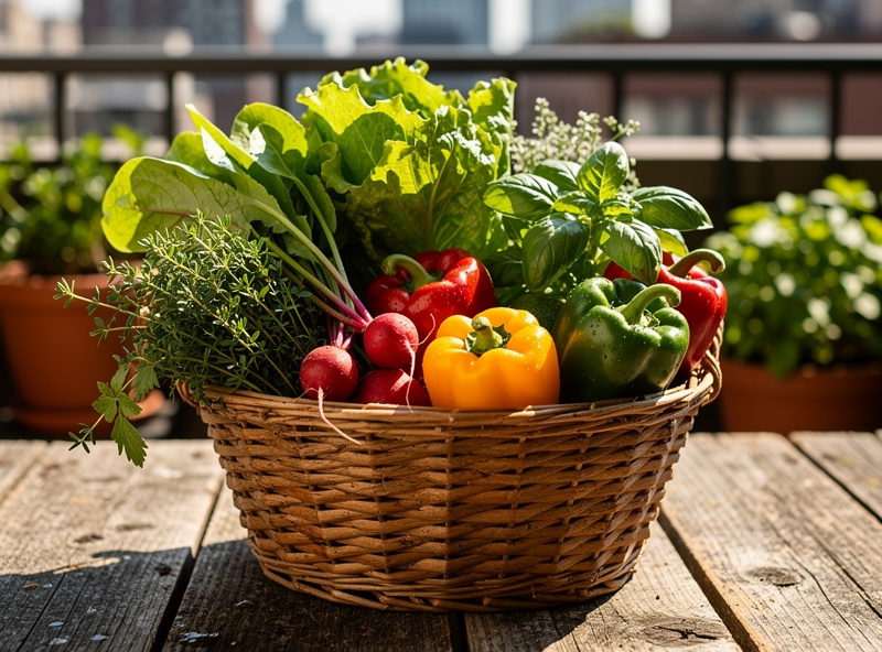 Freshly harvested basket of mixed vegetables including lettuce, radishes, peppers, and herbs from a small urban container garden